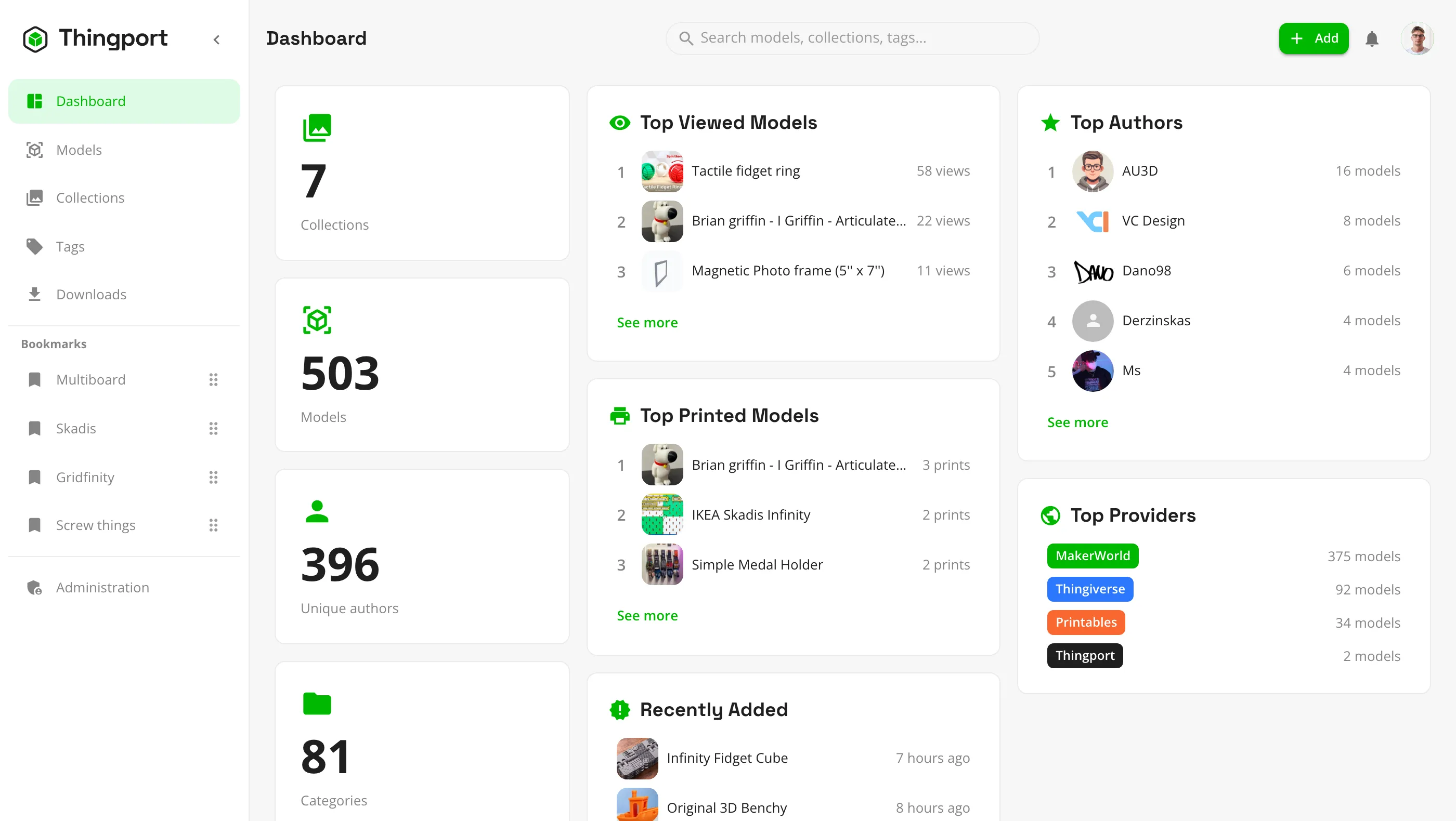 The Thingport dashboard, showing library stats, recent imports and top authors