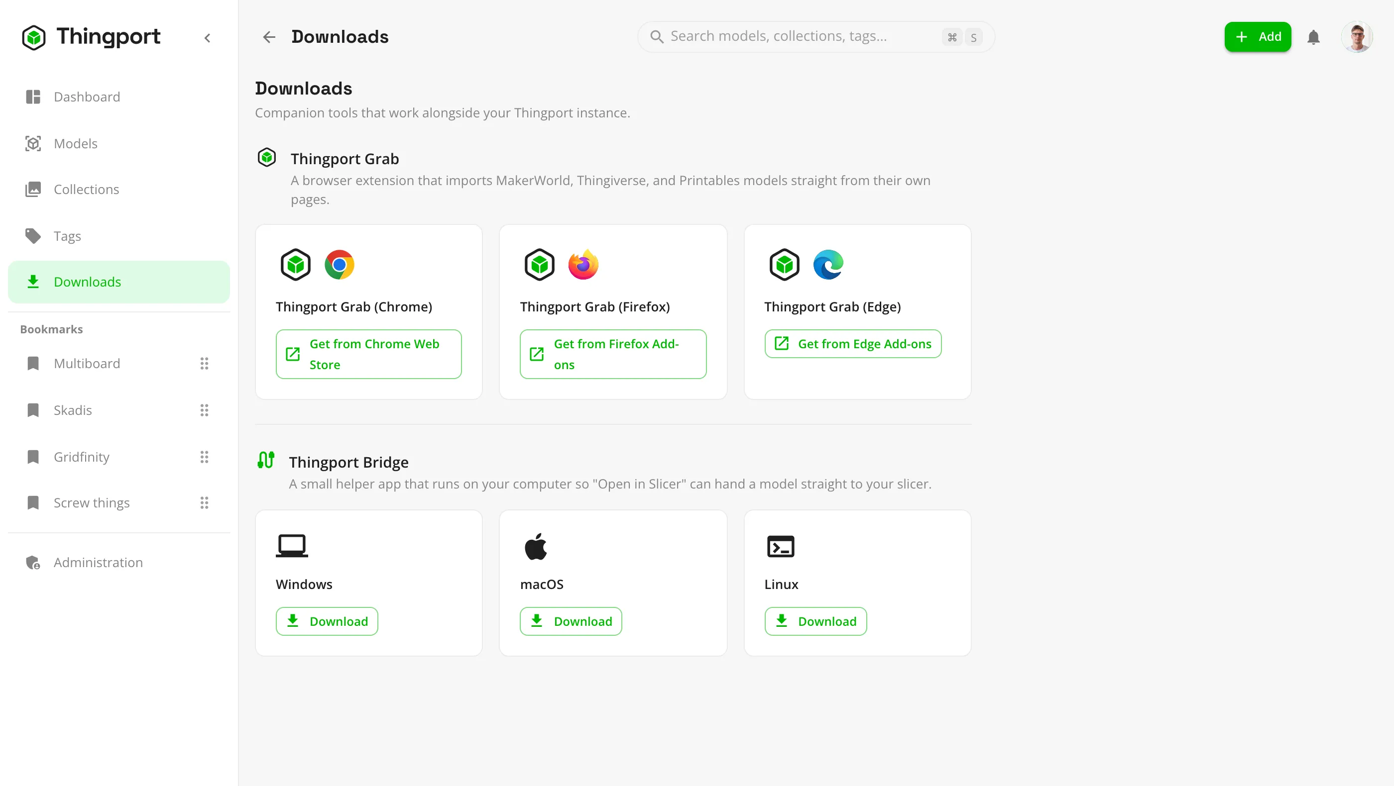 The downloads view in Thingport