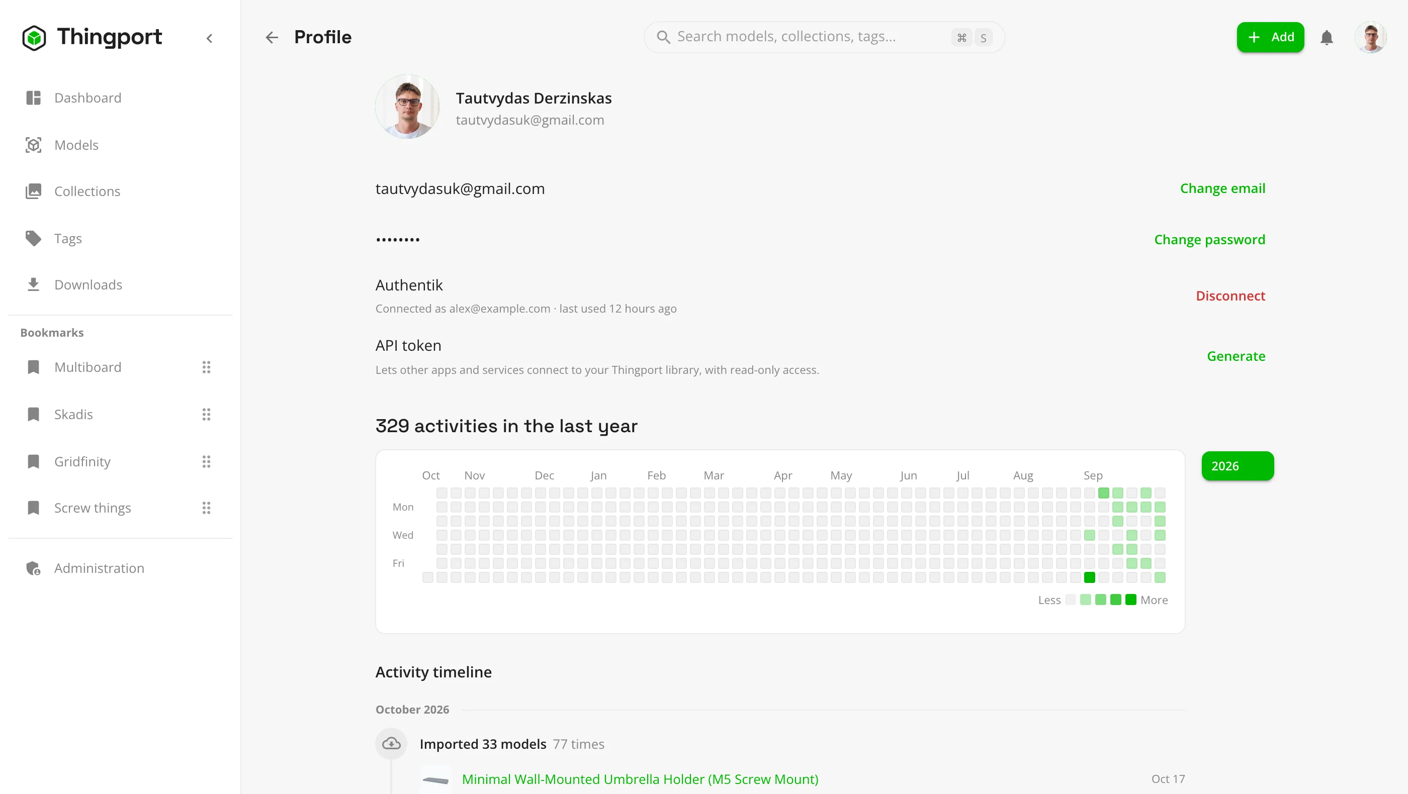 A Thingport profile with its activity heatmap and timeline