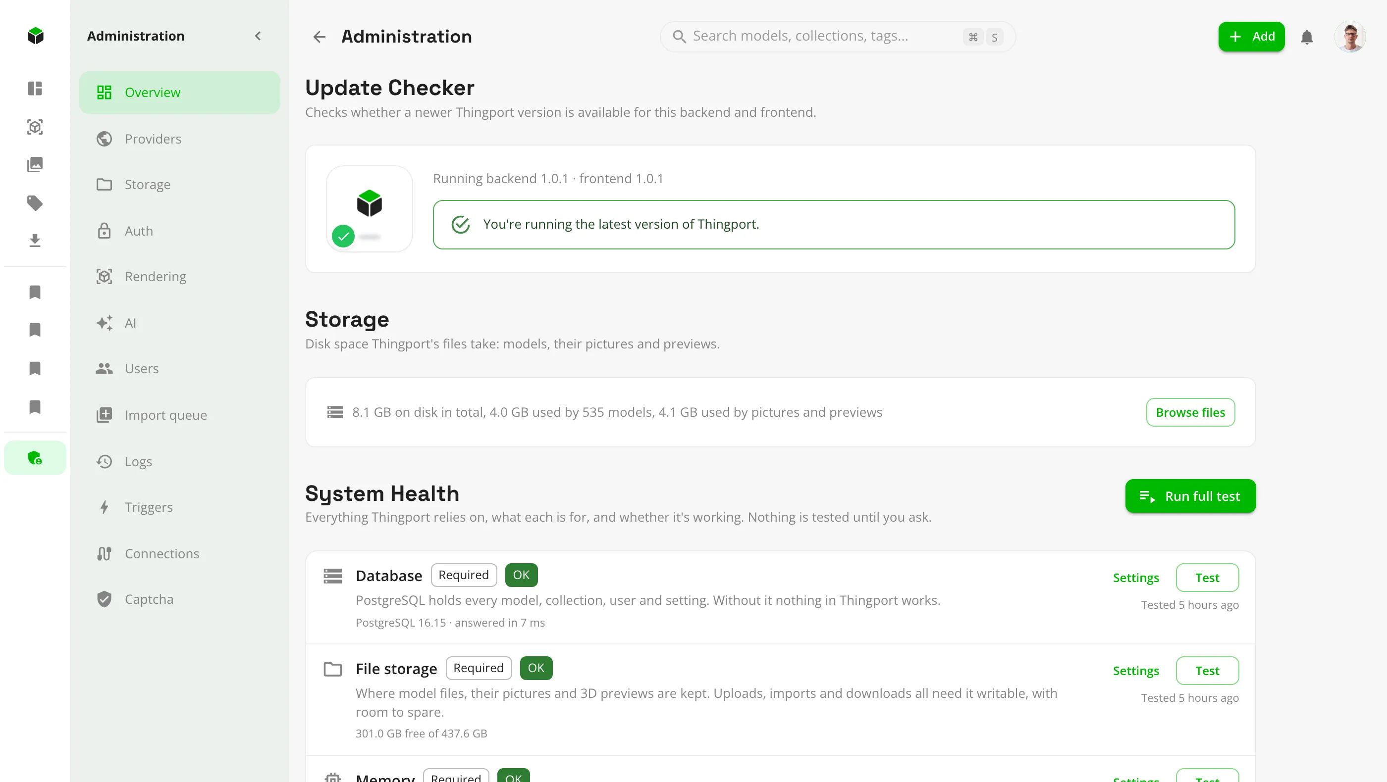 The Thingport administration overview, with storage use and System Health