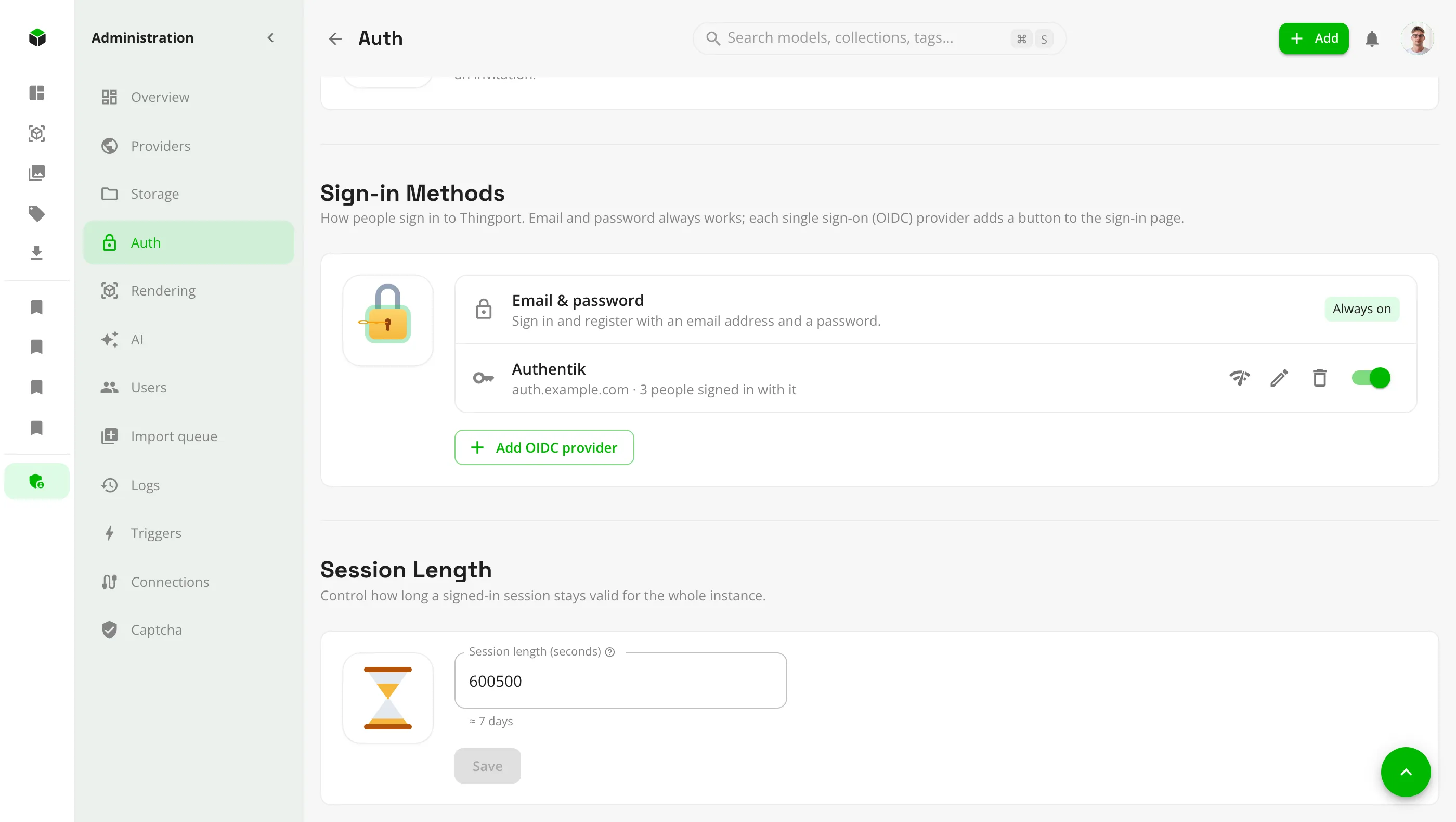 The Auth page with sign-in methods, including an OIDC provider