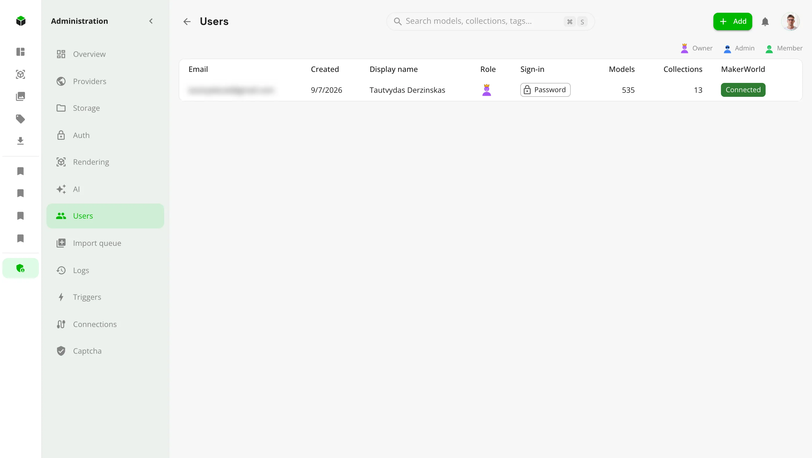 The Users page with roles, model counts and sign-in methods