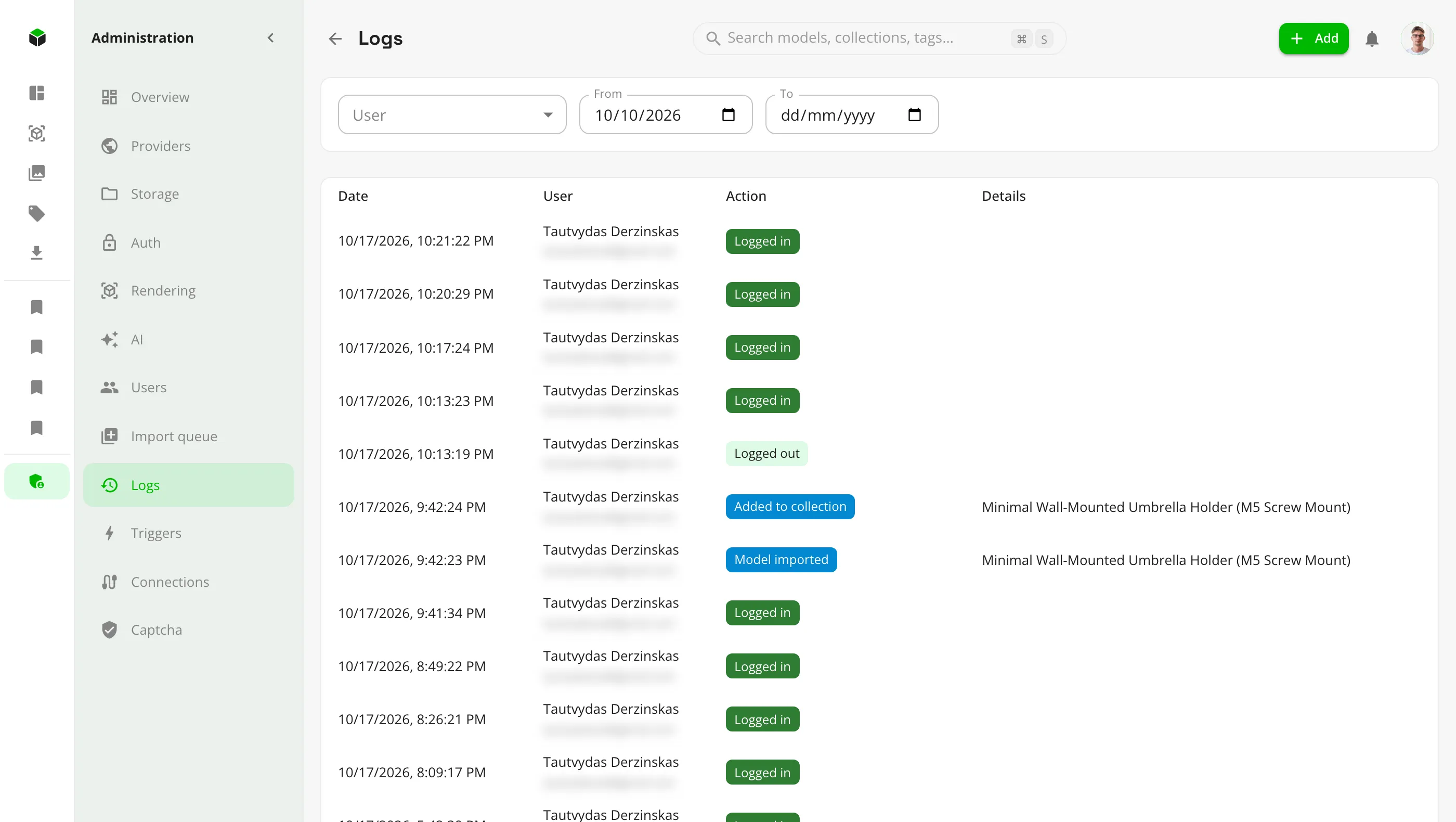 The Logs page with recent activity