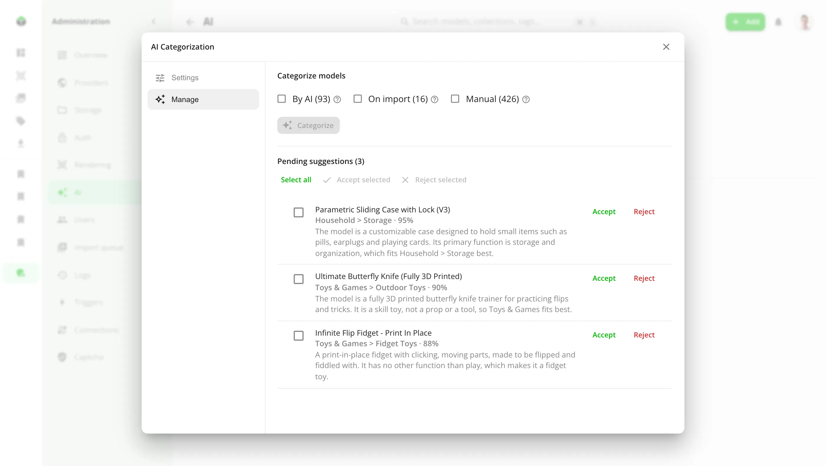 AI category suggestions waiting to be accepted or rejected