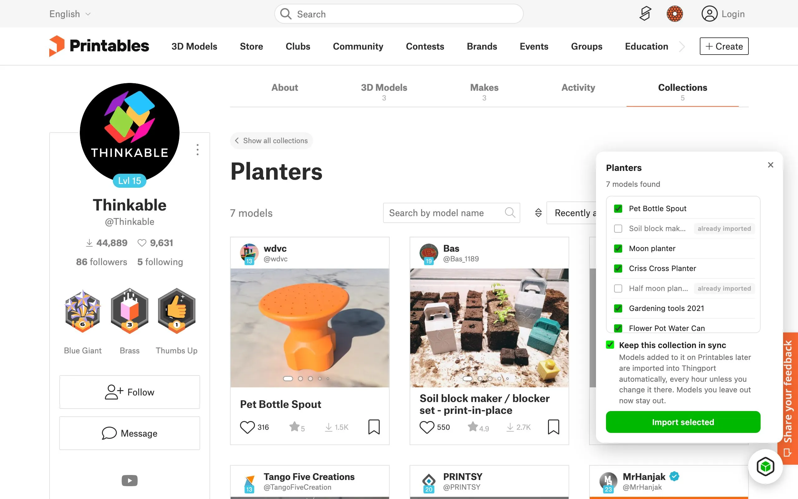Thingport Grab on a Printables collection, picking which models to import