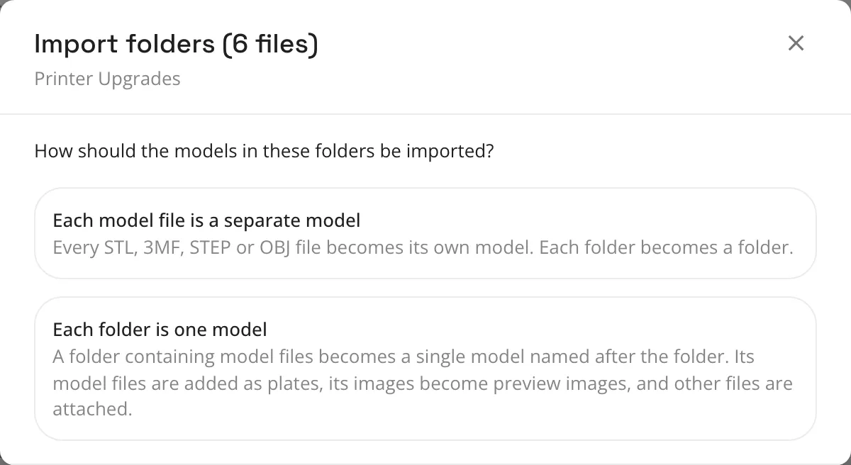 Choosing whether each model file or each folder becomes a model when uploading a folder