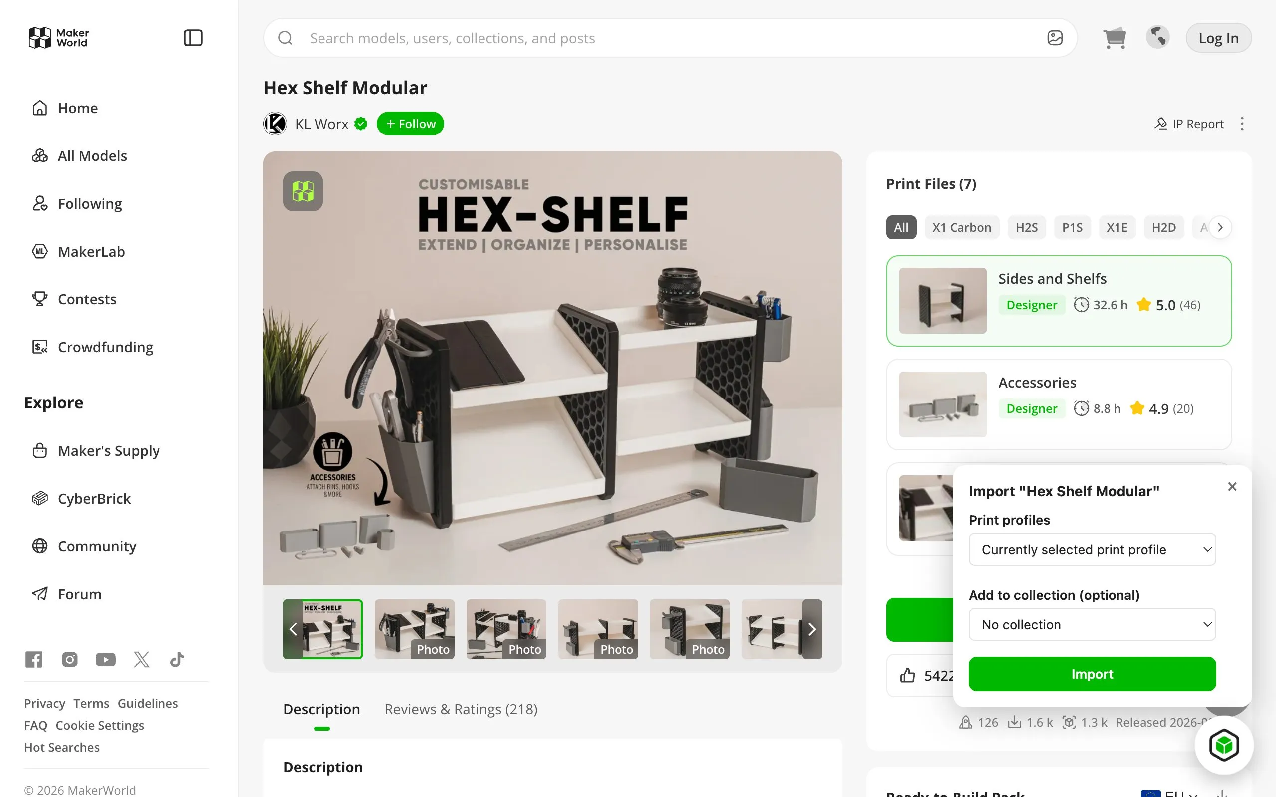 Thingport Grab's import panel on a MakerWorld model page